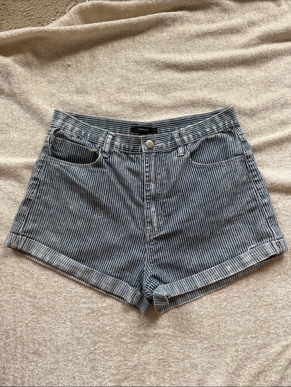 Forever 21 Blue Pinstripe High-Rise Cuffed Jean Shorts